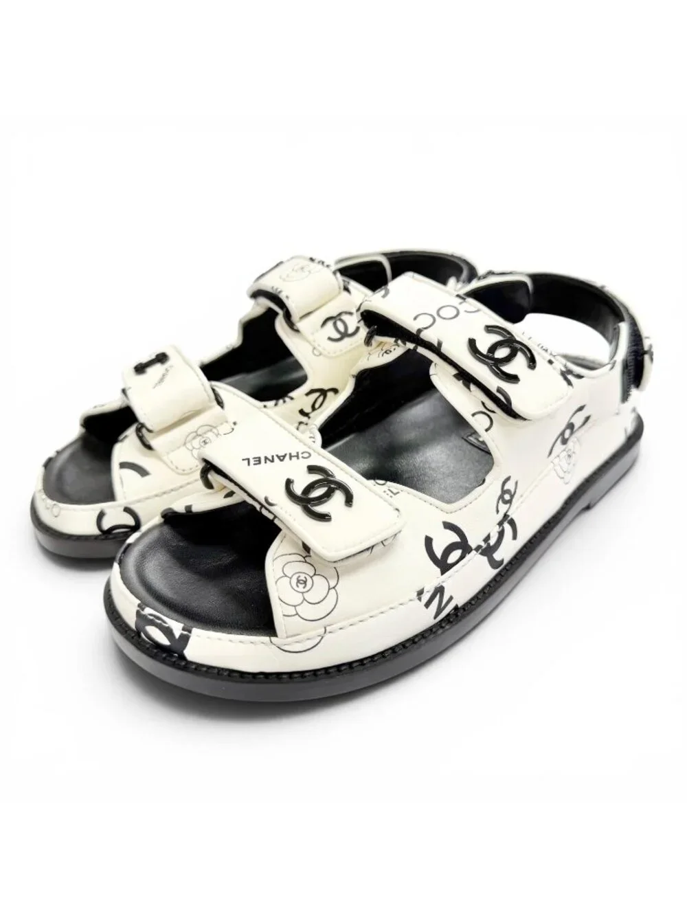 Chanel CC Logo Camellia Velcro Flat Leather Sandals White Black